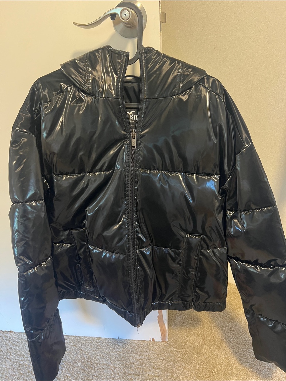 Hollister Glossy Black Hooded Puffer Jacket
